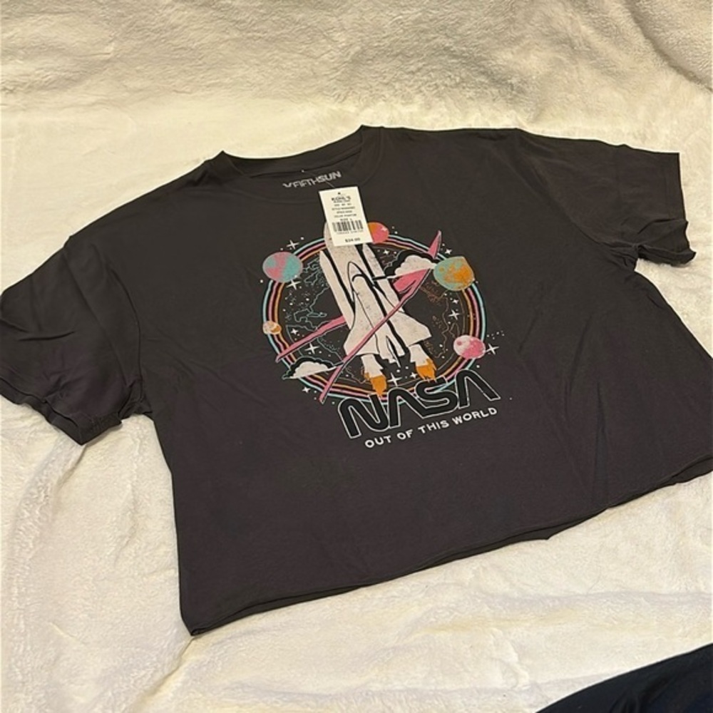 Juniors' NASA "Out of this World" Space Shuttle Cropped Tee